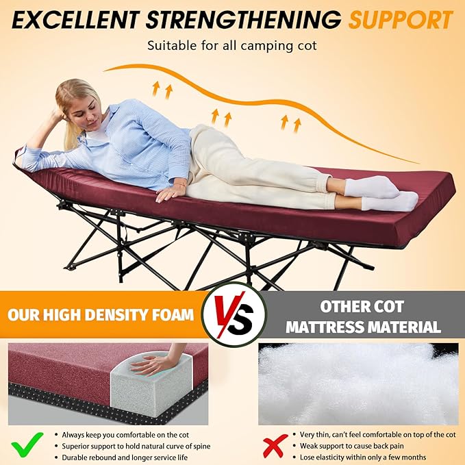 CYMULA Camping Cot Mattress 2in Memory Foam Sleeping Pad,Soft Warm Non-Slip Camping Mattress Topper with Retaining for Adults,Portable Roll up Pad for Travel(75 x30)（only Mattress）