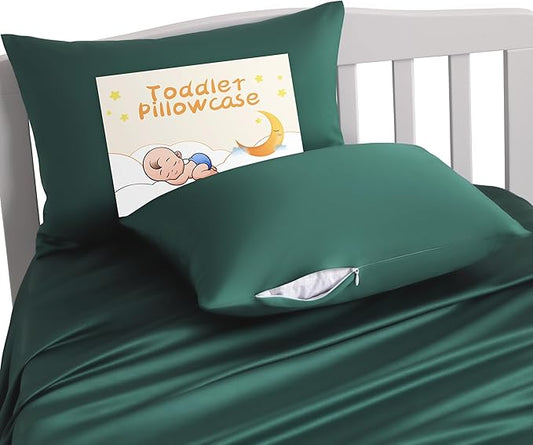 NTBAY Zippered Silk Satin Toddler Pillowcases - 2 Pack Hidden Zipper 13x18 Pillowcases - Luxury and Silky Baby Travel Pillow Covers, Dark Green
