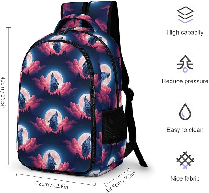 Laptop Backpack Wolf Howling Sky Moon, Work Backpack with Breathable Shoulder Straps for Office Commute