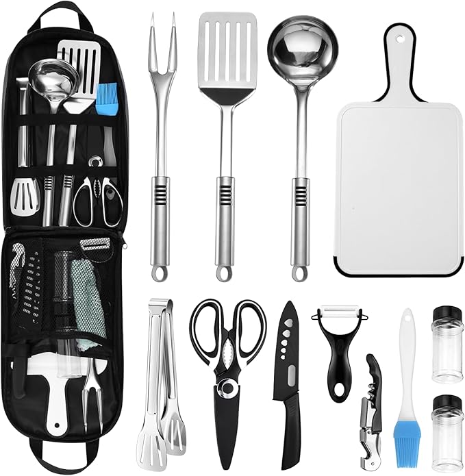 Odoland 14pcs Camping Cookware, Stainless Steel Camping Cooking Utensils Set, Portable and Compact Carry Case, Outdoor Travel Kitchen Kit for Grilling, Backpacking, Picnic and BBQ