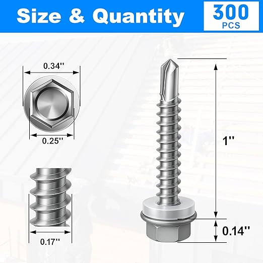 300Pcs Self Tapping Screws, Sheet Metal Screws #8x1, Self Drilling Screws for Metal with Hex Washer Head