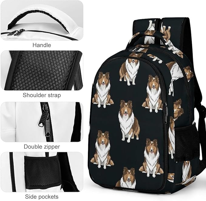 Laptop Backpack Rough Collie Dogs, Sturdy Water Resistant College Bookbag with Water Bottle Pockets for Business Travel Commute