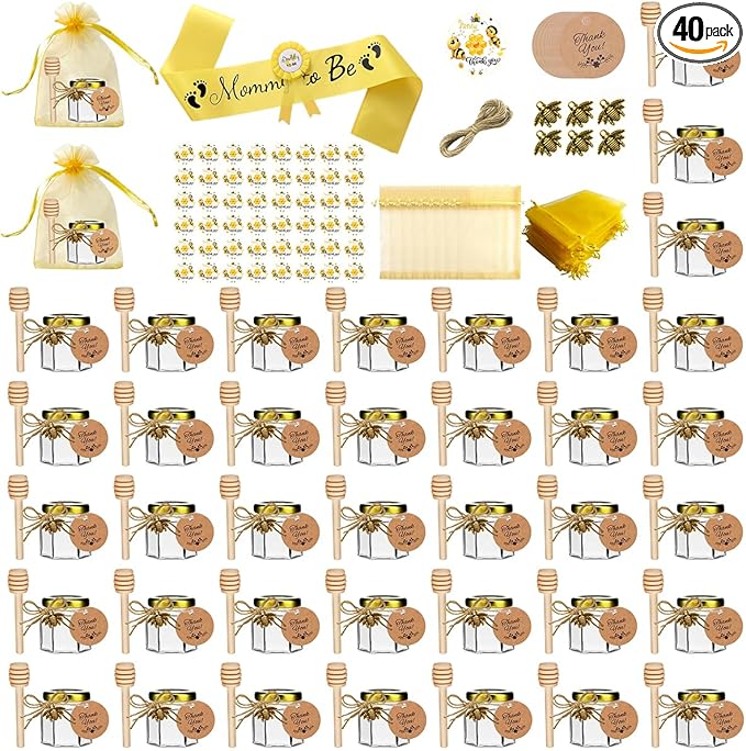 IIKUM 40 Pack Glass Honey Jars, 1.5 oz Honey Pot with Baby Shower Sash, Lids, Dippers, Bee Pendants, Gift Bags, Cards, Jute and Stickers-Ideal Honey Jars Set for Baby Shower, Wedding and Party Favors