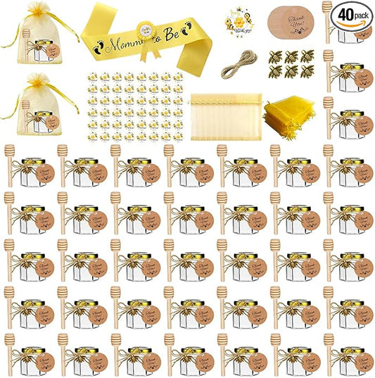 IIKUM 40 Pack Glass Honey Jars, 1.5 oz Honey Pot with Baby Shower Sash, Lids, Dippers, Bee Pendants, Gift Bags, Cards, Jute and Stickers-Ideal Honey Jars Set for Baby Shower, Wedding and Party Favors