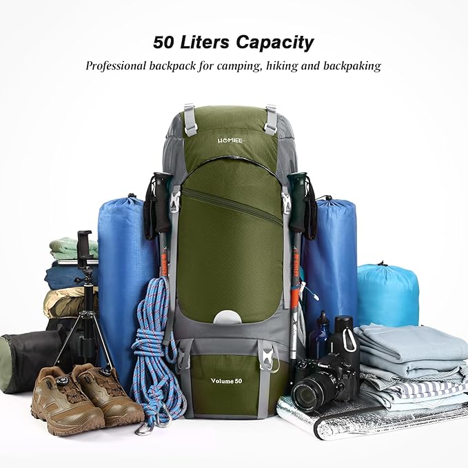 HOMIEE 50L Hiking Backpack Travel Bag Waterproof Camping Rucksack with Rain Cover Lightweight Backpacking Backpack