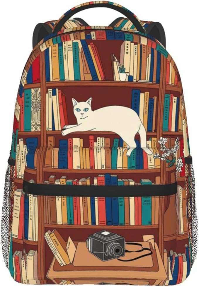 Daypack Bookbag Multipurpose Anti-Theft Big Capacity Carry On Bag, Book Lover Catsleeping Over Bookshelf In Library Art Travel Hiking Camping Rucksack With Padded Straps