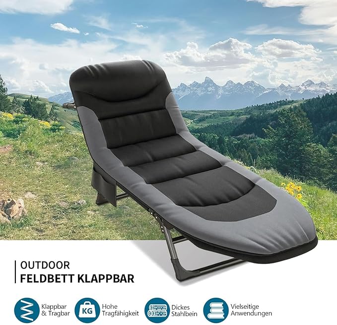 Folding Camping Cot, Six-Position Adjustable Backrest, Camping Cot for Adults Comfortable with Pillow and Side Pockets, Supports 330lb, for Home Office Nap Beach Travel Hiking. (Brown)