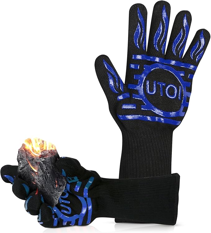 BBQ Gloves, 1472°F Heat Resistant Grilling Gloves, Silicone Non-Slip Long Cooking Gloves for Kitchen, Oven, Baking Campfire and Smoker, EN407 Certified, Blue, XL Size, 1 Pair