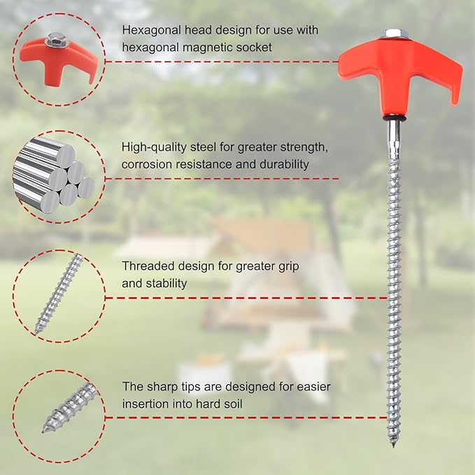 20 Pcs Tent Stakes Heavy Duty, 8 in Ground Anchors Screw in, Grow in the Dark Screw in Tent Stakes, Camping Stakes with Storage Box, Threaded Tent Spikes with Hex Head Driver and Stake Puller