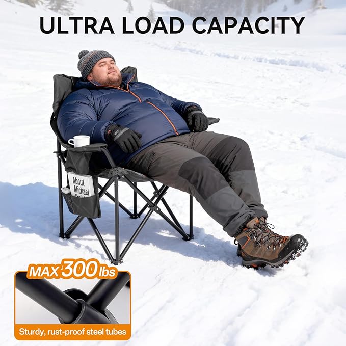 Heated Camping Chairs, Foldable Camping Chairs with 2 Cup Holders for Outdoor Sports,Folding Chair with 3 Heating Level for Back and Seat, Supports 300Lbs, Battery Not Include, Black & Grey