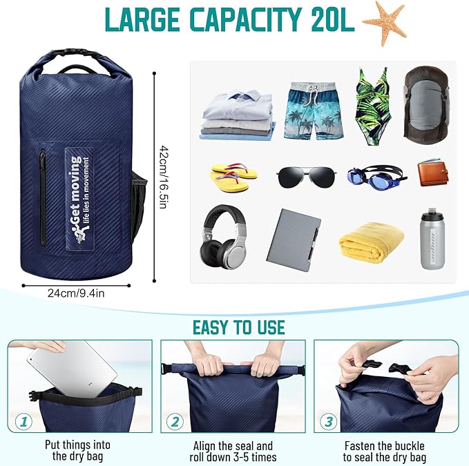 BKNOOU Dry Bag Waterproof for Women Men, 10L/20L Roll Top Lightweight Dry Storage Bag Backpack for Travel, Kayaking, Boating, Rafting, Camping, Hiking and Beach, with Phone Case (Navy Blue, 20L)