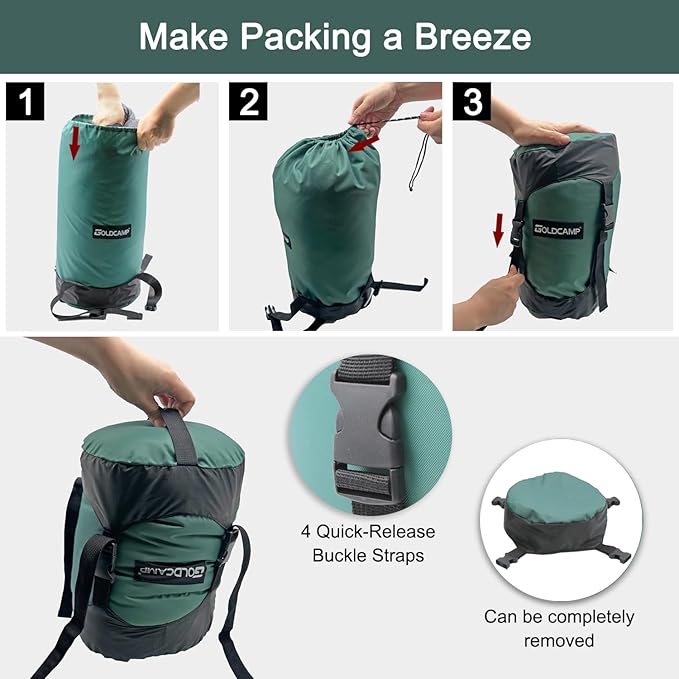 GoldCamp Compression Sack, 40% More Storage! 18L/30L/43L/49L/65L Compression Stuff Sack, Waterproof & Ultralight Sleeping Bag Stuff Sack - Space Saving Gear for Camping, Hiking (Green, XXXL)