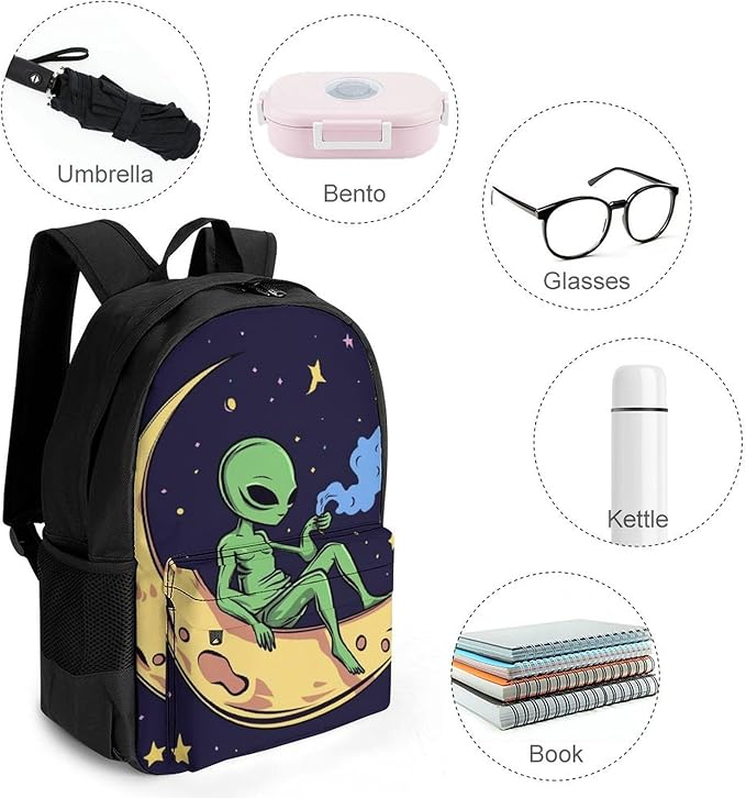 Supdreamc Polyester Daypack Backpack for Sports Travel Running, Big Capacity Anti-Theft Multipurpose Carry On Bag, Funny Alien Moon Sky Laptop Book Bag Rucksack