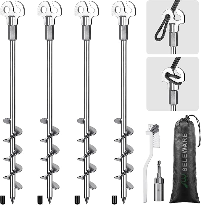 SELEWARE 4 Pack Trampoline Stakes Heavy Duty Ground Anchors High Wind Trampoline Stakes Anchors Spiral Earth Anchors for Secure Animals Trampolines Tents Shed Swing Set Mobile Homes Carport