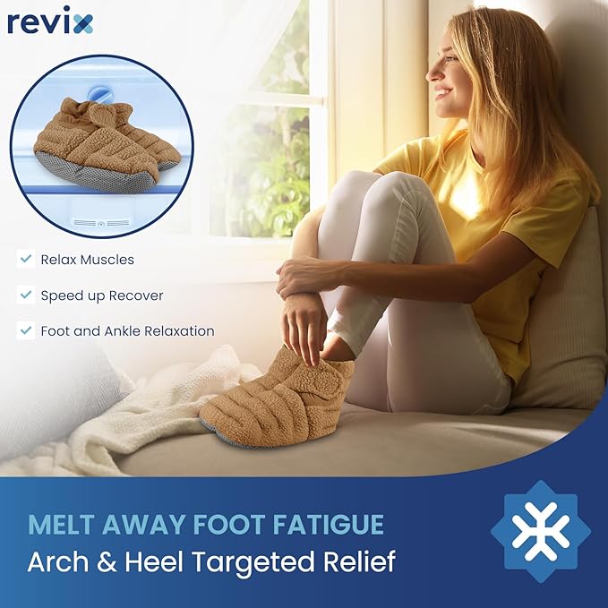 REVIX Microwaveable Booties and Feet Warmers, Microwaveable Foot Warmers with Adjustable Fit & Non-Slip, Microwavable Socks Heated Booties for Women and Men, Mocha L