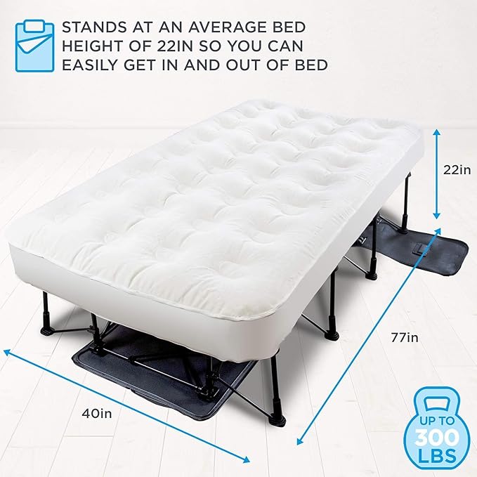 Ivation EZ®-Bed (Twin) Inflatable Air Mattress with Frame & Rolling Case, Built-in Deflate Defender™ Dual Pump Technology - 3 Min Self Inflate/Deflae Raised Blow up Bed on Legs, Premium Coil Design
