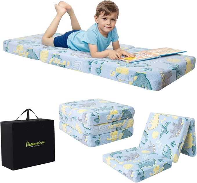 MeMoreCool Cozy Kids Foldable Floor Mattress Mat with Storage Bag, 3-in-1 Tri-Fold Futon Mat, Soft Plush Cover, Portable for Travel, Blue Dinosaur 57x22 Inch