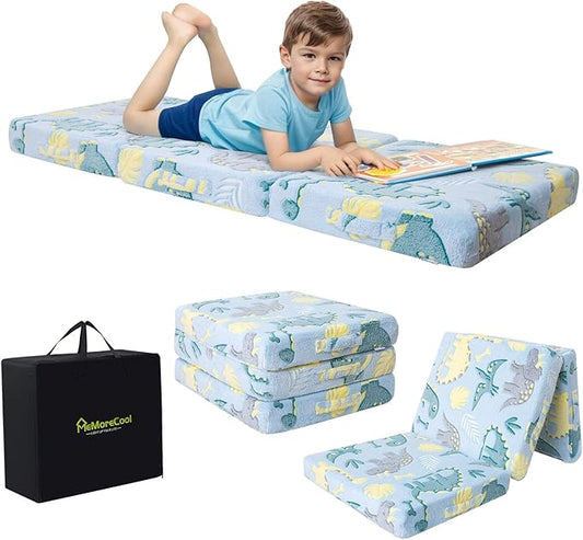 MeMoreCool Cozy Kids Foldable Floor Mattress Mat with Storage Bag, 3-in-1 Tri-Fold Futon Mat, Soft Plush Cover, Portable for Travel, Blue Dinosaur 57x22 Inch