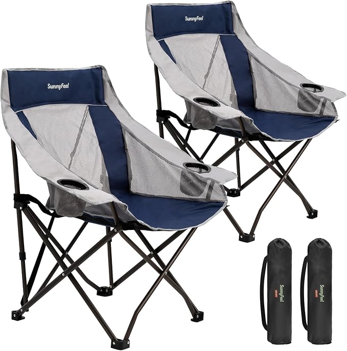 SUNNYFEEL 2 Pack Lightweight Oversized Camping Chairs for Adults Portable Folding Chair with Side Pockets & Cup Holde for Beach,Fishing,Trip,Picnic,Lawn,Concert Outdoor, Carry Bag Included