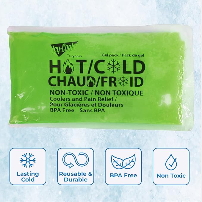ICY-COOLS 3 Pack Reusable Hot or Cold Gel Ice Packs for Injuries, Multipurpose Ice Packs for Lunch Boxes, Long-Lasting Cold Therapy for Pain Relief, 4 x 8 Inches (Green)