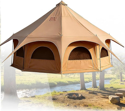 Winter Tent, 4 Season Canvas Bell Yurt with Stove Jack. Large 15-Person Octagon Glamping Tent Includes 8 Mesh Windows and Durable Oxford Sidewalls for Hunting, Basecamp.