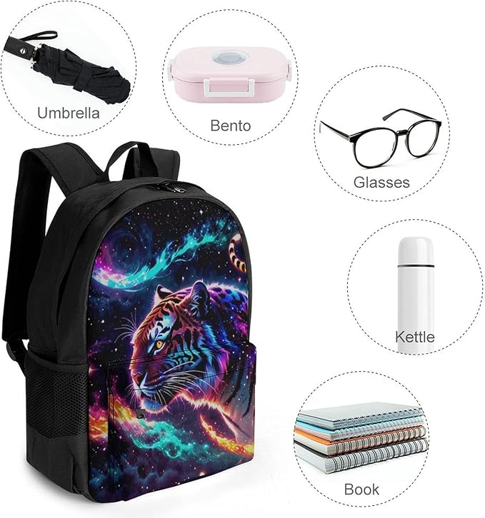 Men Women Polyester Beautiful Wild Animal Tiger Abstract Art Backpack Large Capacity Bookbag With Smooth Zippers for Climbing Picnic Bicycle