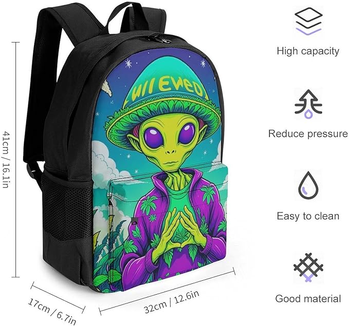 Adults Lightweight Alien Smoking Marijuanaweed Art Rucksacks Large Capacity Bookbag With Adjustable Shoulder Straps for Trekking Outdoors Bicycle
