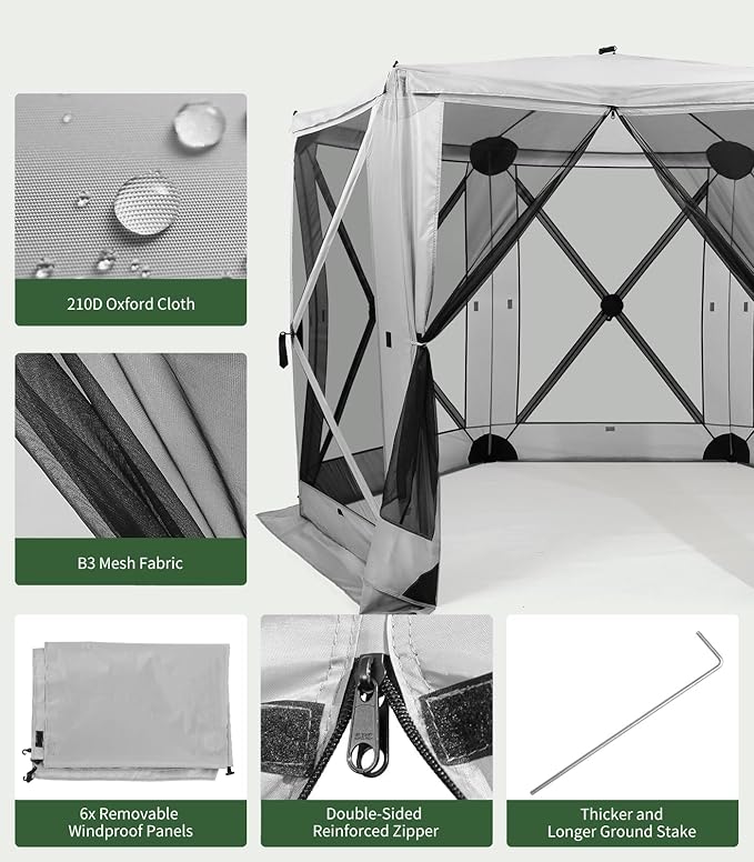6 Sided Pop Up Gazebo Tent, Camping Screen Tent for 6-8 Person Foldable, Pop-Up Canopy Shelter with Mesh Windows, UV Resistant, Quick Set, Outdoor Gazebo with 6 Removable Wind Cloths