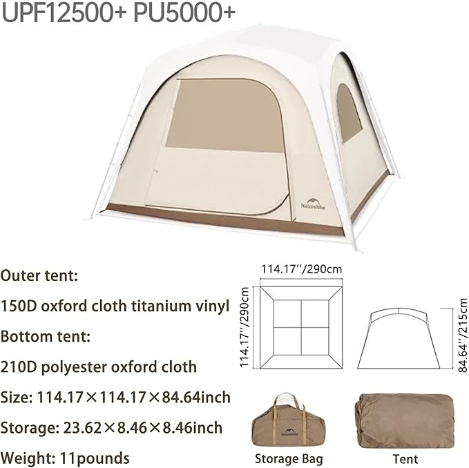 Naturehike Quarter/Hexagonal Camping Tent Canopy Sun Shade,Outdoor for Camping,Fishing,Picnics, Canopy Available with Ground Cloth,Door Curtains,Connector (Inner Tent, Large)