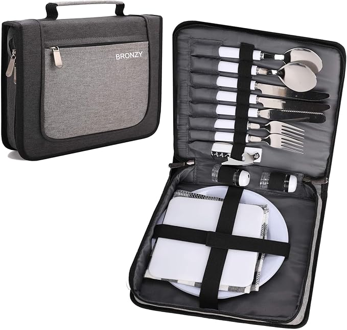BRONZY Picnic Set Camping Cutlery Organizer Dinnerware Set - Mess Kit,Portable Eating Set with Plates,Spoons,Knives,Wine Opener,Forks,Napkinsc (16pcs/24pcs)
