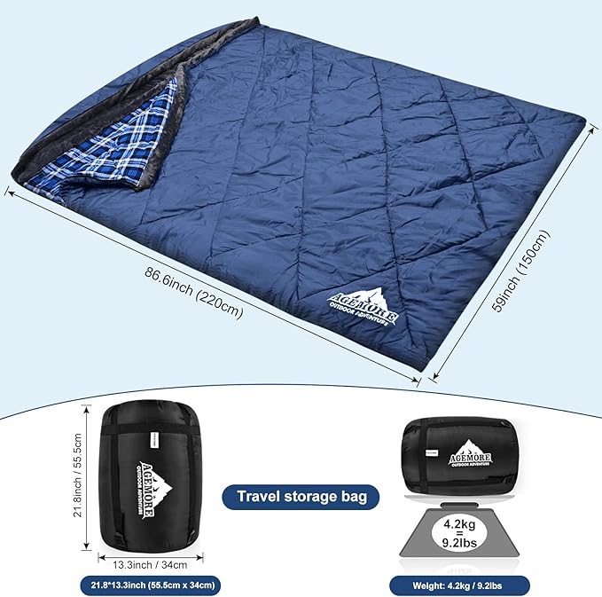 AGEMORE Cotton Flannel Double Sleeping Bag with Fleece Lined Hood, Waterproof Queen Size 2 Person Sleeping Bag for Adults Cold Weather Camping Backpacking or Hiking, 3-4season
