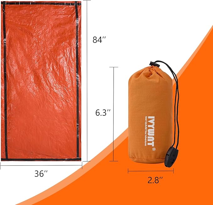 Emergency Sleeping Bag & LED Beanie Kit - Portable Bivy Sack Blanket, Winter Warm Knitted Hat with Light, Waterproof Survival Gear for Camping Hiking Adventure