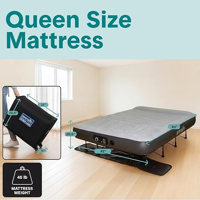 SereneLife (Queen) EZ Bed Luxe Air Mattress with Frame and Rolling Case - Luxury Series with Bonus Memory Foam Cover, Constant Comfort Pressure Maintaining Pump, Built-in Headrest, Wall Plug AC