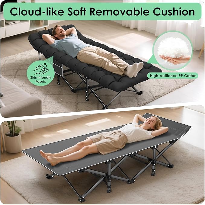 Suteck Camping Cot, Folding Camping Cot Bed for Adults Sleeping 1200D Double Layer Oxford Portable Folding Outdoor Cots for Camping W/Soft Pad Carry Bag for Home Office Nap Beach Travel