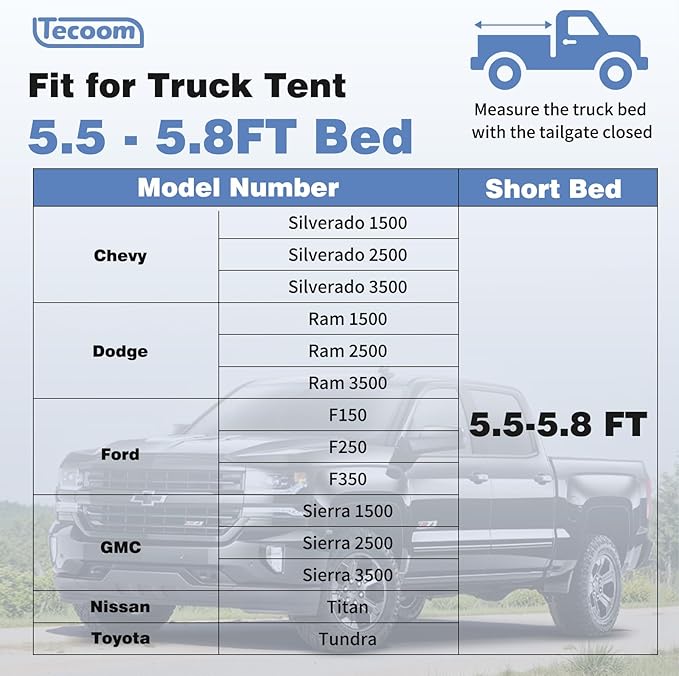 Tecoom Truck Bed Tent, Double Layer Waterproof PU3000mm for 5.5-6.7ft, Portable 2/3 Person Compact Full Size Pickup with Rain Fly for Back of Camping Beach