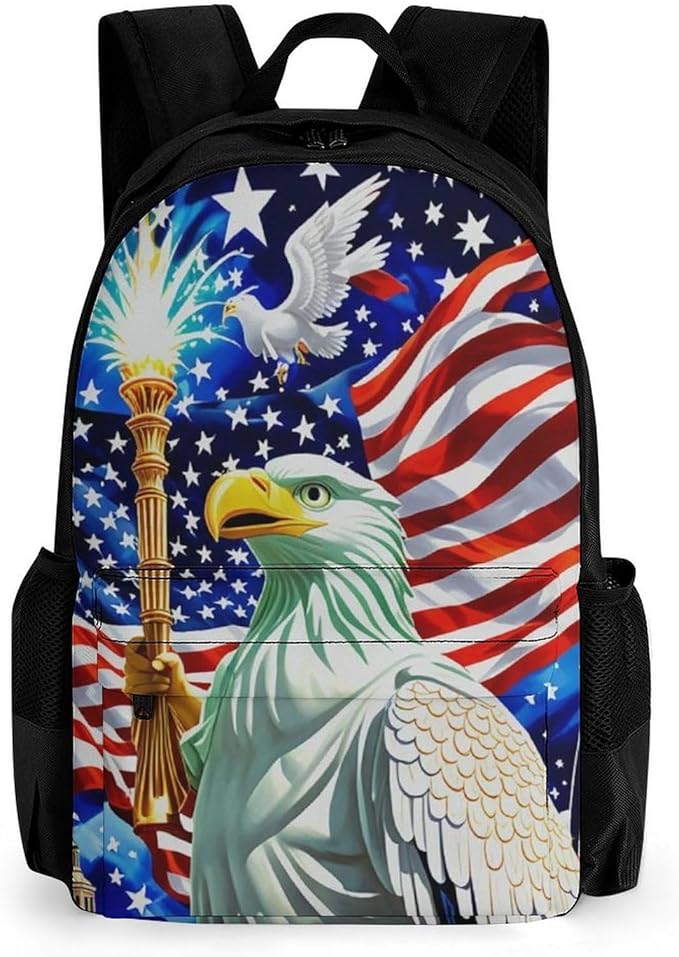 Rucksacks Polyester Anti-Theft Multipurpose Statue Of Liberty American Flag Eagle Patriotic Carry On Bag Large Capacity Gym Outdoor Hiking Backpack With Smooth Zippers