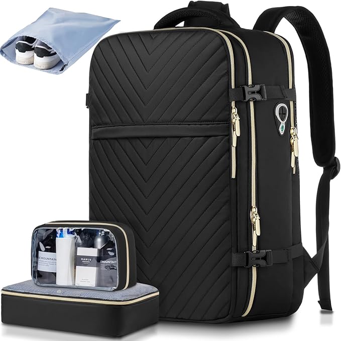 LUOCIP Large Carry On Travel Backpack - Flight Approved Waterproof Luggage Suitcase Backpacks Personal Item Size for Women Fit 17 Inch Laptop College Overnight Weekender Bag With 3 Packing Cube Black