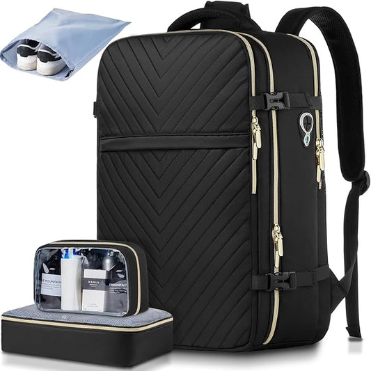LUOCIP Large Carry On Travel Backpack - Flight Approved Waterproof Luggage Suitcase Backpacks Personal Item Size for Women Fit 17 Inch Laptop College Overnight Weekender Bag With 3 Packing Cube Black