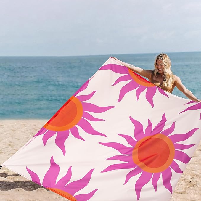 Large Beach Blanket Waterproof Sandproof, 86"×78" Beach Mat Sand Free for 2-4 Adults with Stakes and Sand Pocket, Foldable Picnic Blankets for Outdoor, Camping Hiking, Vacation Essentials-Boho Sunset