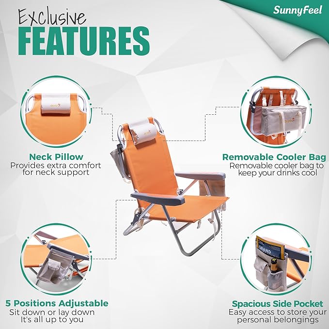 SUNNYFEEL Low Beach Chair 5 Position Lay Flat, Portable Folding Backpack Beach Chairs Heavy Duty with Cooler Bag, Cup Holder for Outdoor/Lawn/Trip/Picnic/Fishing, Foldable Camping Chair