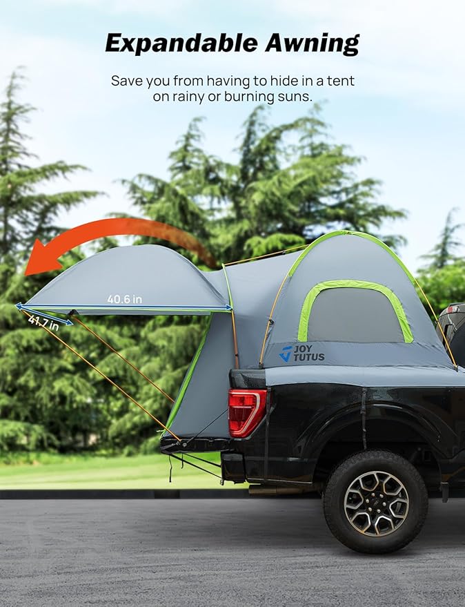 JOYTUTUS Pickup Truck Tent 5.0ft Bed Tent with Removable Awning, Waterproof PU2000mm Double Layer for 2 Person, Portable Truck Bed Tent - Green, Aluminum Pole