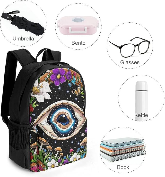 Supdreamc Daypack Backpack Multipurpose Anti-Theft Large Capacity Bookbag, Psychedelic Flower Eye Mushroom Trippy Art Travel Hiking Camping Rucksack With Adjustable Shoulder Straps