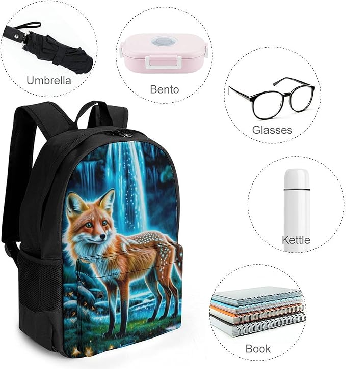 Men Women Polyester Magical Kitsune Fox Art Daypack Bookbag Big Capacity Shoulder Bag With Padded Straps for Climbing Travel Walking Cycling