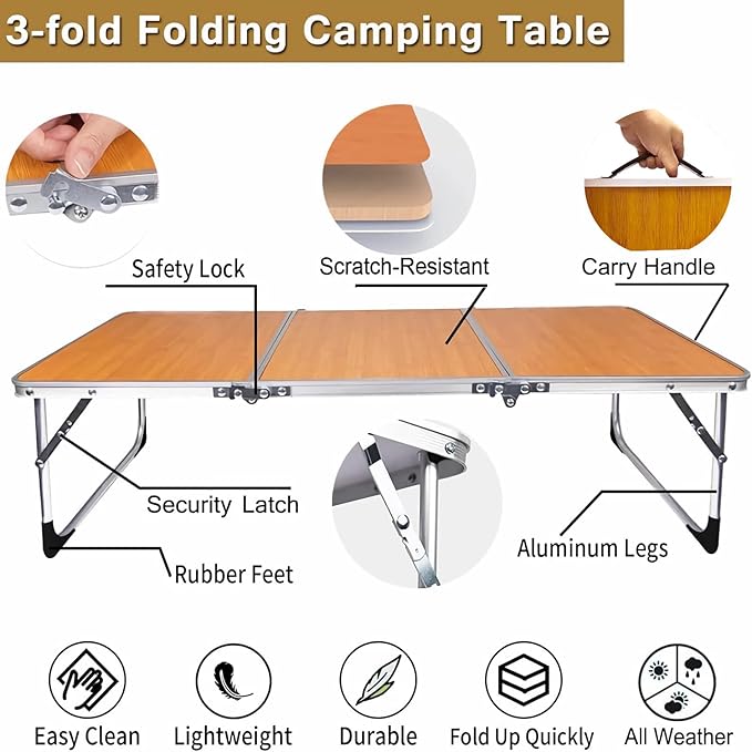 Folding Camping Table,3 Feet Portable Outdoor Table with Aluminum Legs,3 Fold Lightweight Beach Table with Handle,Camping Accessories for Home Picnic BBQ Garden Cooking