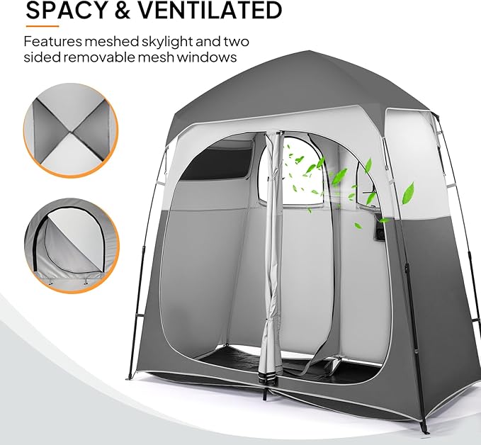 VINGLI 2 Room Shower Tent, 7.5 FT Instant Pop Up Shelter with Carrying Bag, Privacy Changing Room Tent,Perfect for Portable Toilet, Camping, Dressing, Outdoor Indoor, Easy Set Up