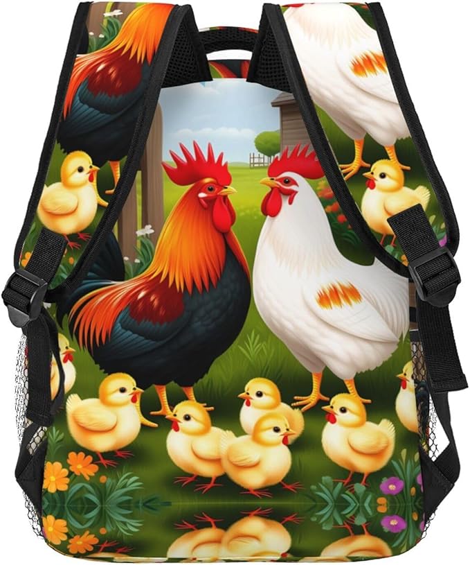 Lightweight Daypack Bookbag for Trekking Business Walking Cycling, Big Capacity Anti-Theft Multipurpose Carry On Bag, Chicken Rooster Garden Flowers Art Business Computer Bag