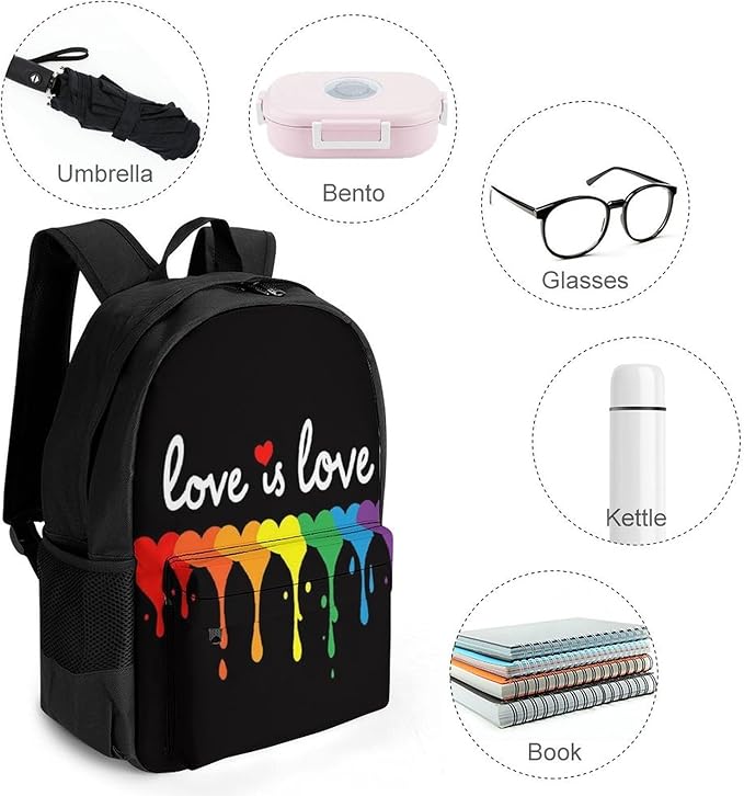 Supdreamc Men Women Lightweight Lgbt Pride Rainbow Heart Love Is Love Casual Daypack Large Capacity Bookbag With Adjustable Shoulder Straps for Gym Business Bicycle