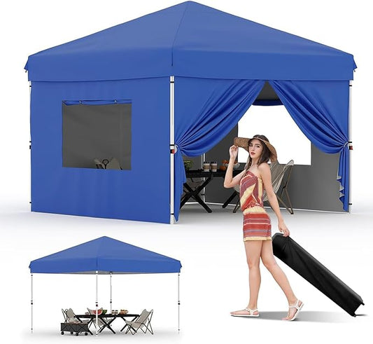 10X10 Pop Up Canopy Tent with 4 Sidewalls, Heavy Duty Commercial Instant Shelter, One-Person Quick Setup Outdoor Party Tent, Water-Resistant & Portable for Outdoor Events, Camping, Blue