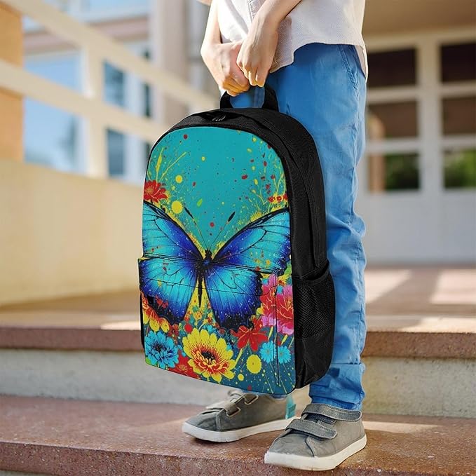 Supdreamc Women Men Polyester Colorful Watercolor Blue Butterfly Casual Daypack Large Capacity Bookbag With Side Pockets for Sports Picnic Walking Cycling