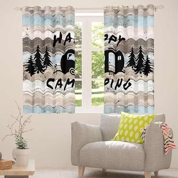 Camper Adventure Boys Girls Room Decor,RV Trailer Pine Tree Natural Blackout Curtains,Wooden Plank Cottage Farmhouse Blackout Curtains,Rustic Blue 2 Panels,38Wx45L inch